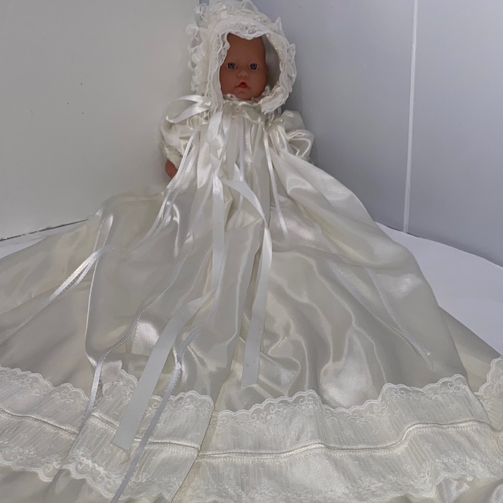 Handmade Long Christening Gown Baptism Dress Blessing Gown With Matching Bonnet